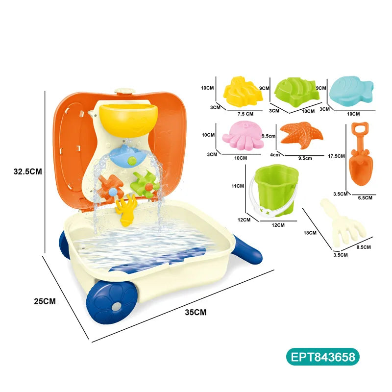 HKM-758867 9PCS Kids Beach Trolley Toy Set with Water Trolley and Accessories, Suitable for Ages 2-7