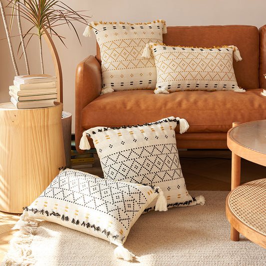 HKM-760339 Geometric Knitted Plush Pillow with Tassels - Nordic Cotton Cushion Cover
