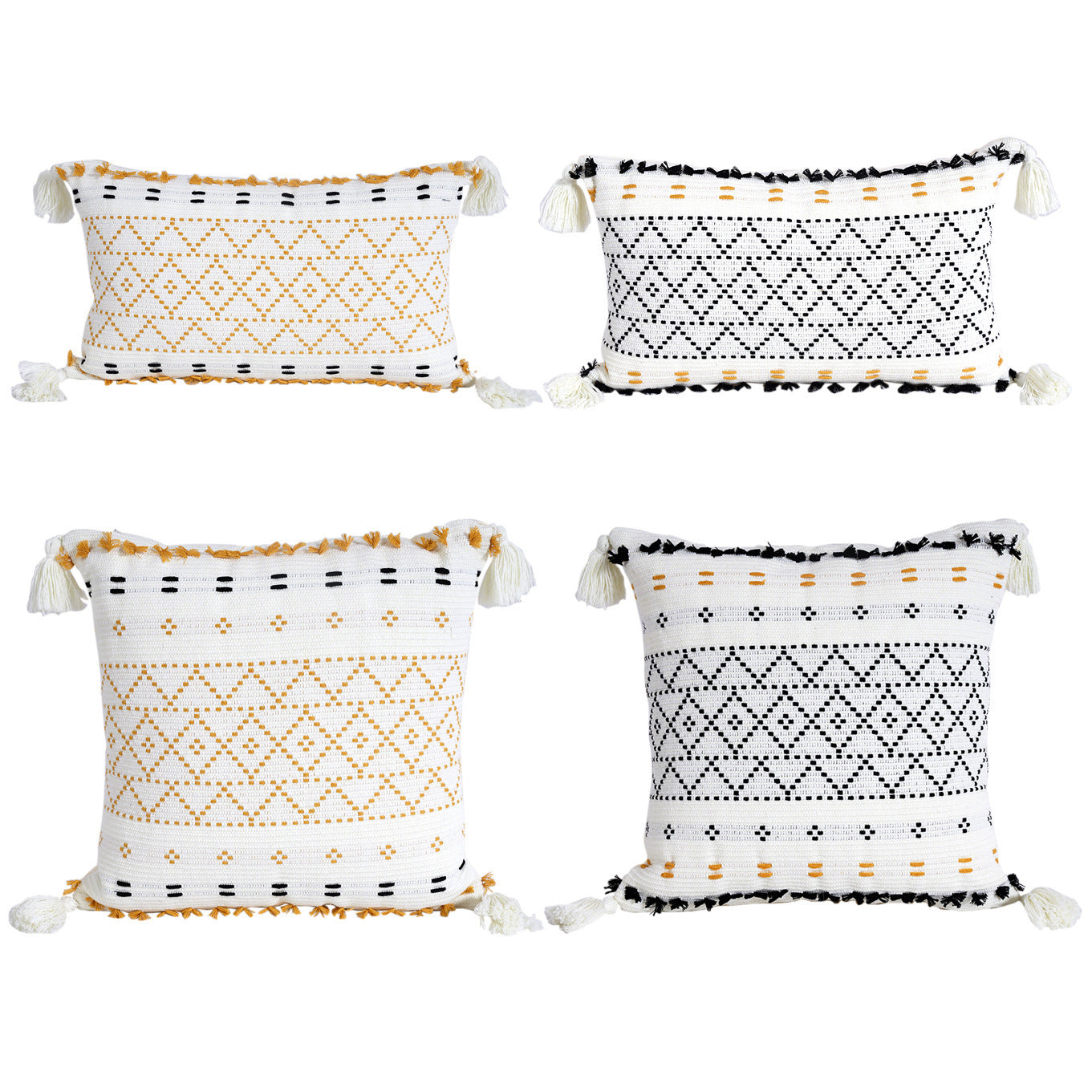 HKM-760339 Geometric Knitted Plush Pillow with Tassels - Nordic Cotton Cushion Cover