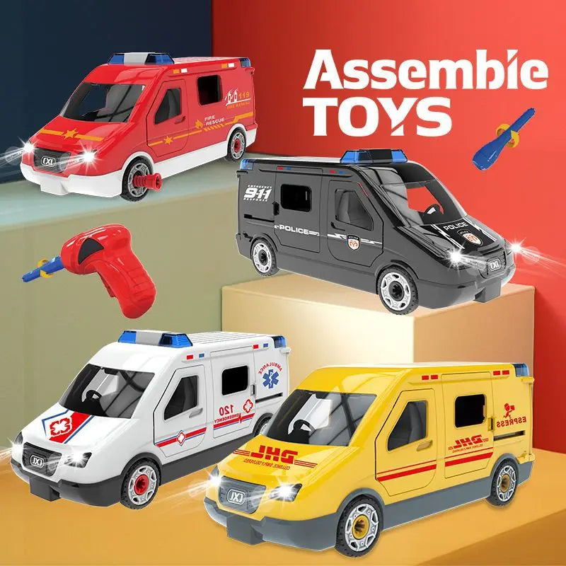 KTX-760467 DIY Building Block Set - Manually Assembled Fire Engine, Police Car, and Ambulance Toy for Kids