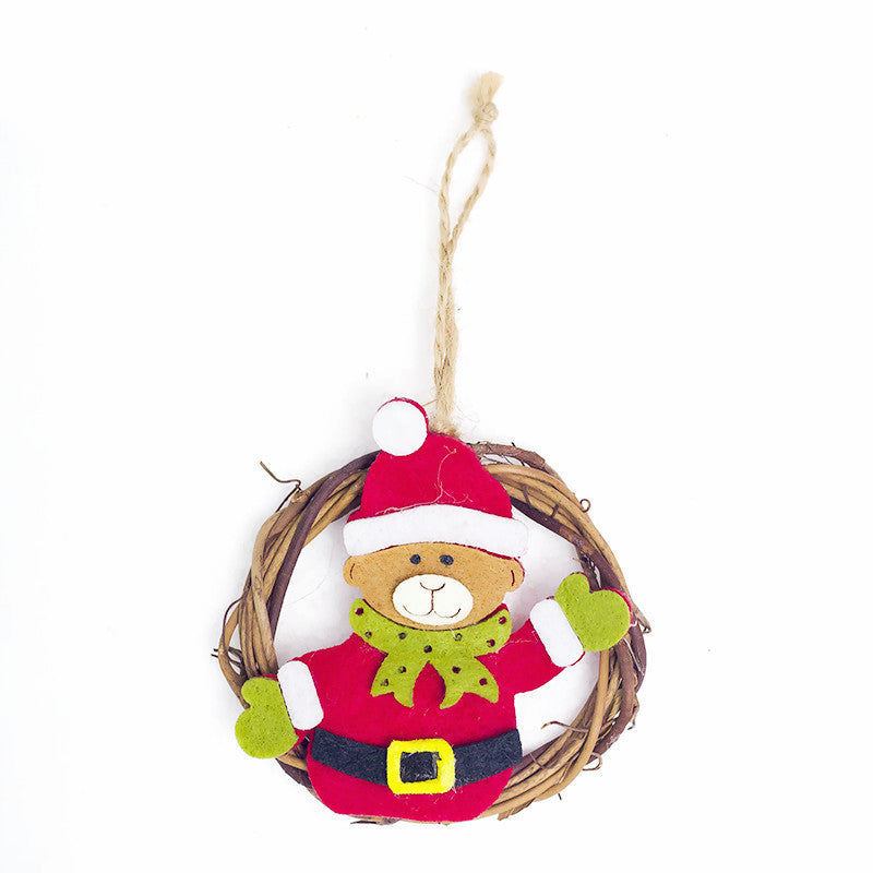 HKM-760979 Christmas Wicker Ornaments - Felt Santa Claus, Elk, Snowman & Bear Decorative Pendants (8x8cm)