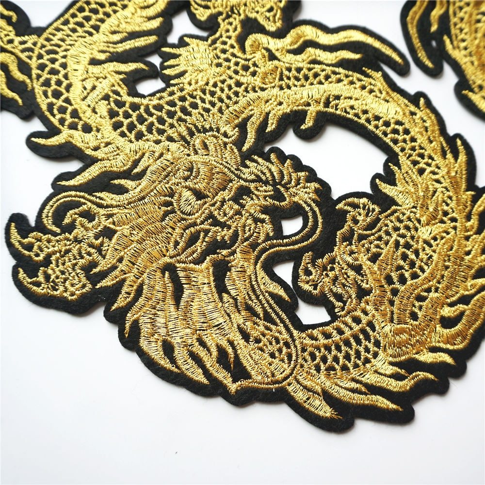 HKM-761043 Embroidered Gold Thread Auspicious Dragon Accessories for Clothing, Bags, and Decor
