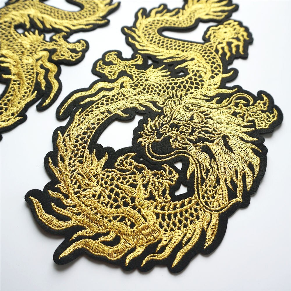 HKM-761043 Embroidered Gold Thread Auspicious Dragon Accessories for Clothing, Bags, and Decor