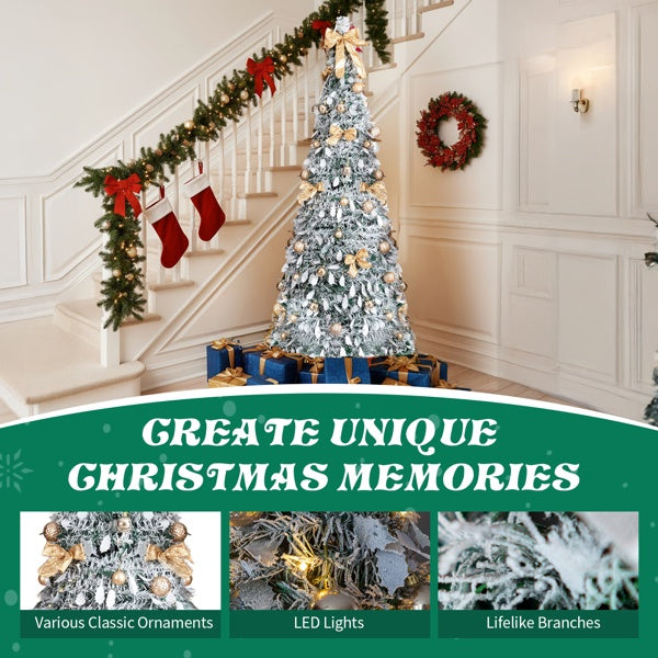 HKM-761491 6 FT Snow Flocked Pre-lit Christmas Tree with 100 Warm White Lights and Ornaments for Holiday Decor