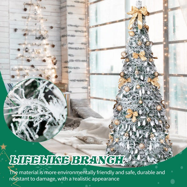 HKM-761491 6 FT Snow Flocked Pre-lit Christmas Tree with 100 Warm White Lights and Ornaments for Holiday Decor