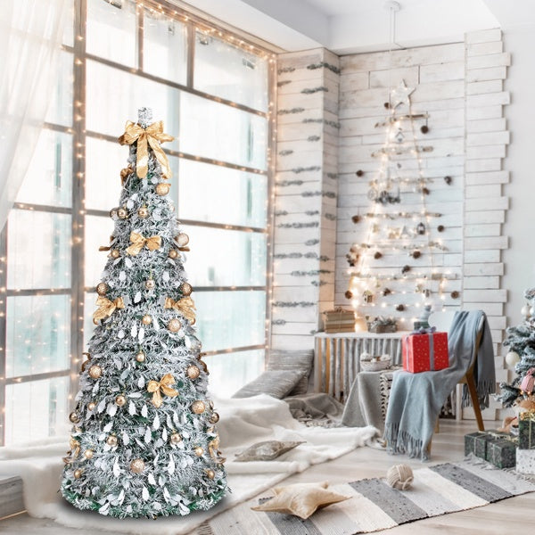 HKM-761491 6 FT Snow Flocked Pre-lit Christmas Tree with 100 Warm White Lights and Ornaments for Holiday Decor