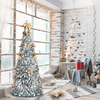 HKM-761491 6 FT Snow Flocked Pre-lit Christmas Tree with 100 Warm White Lights and Ornaments for Holiday Decor