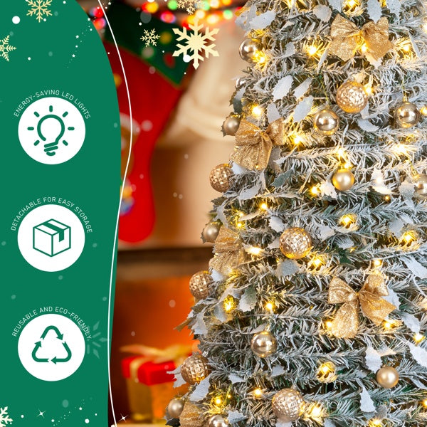 HKM-761491 6 FT Snow Flocked Pre-lit Christmas Tree with 100 Warm White Lights and Ornaments for Holiday Decor