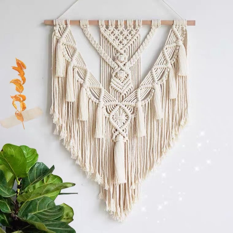 HKM-761491 Handmade Beige Tassel Wall Tapestry for Boho Weddings and Home Decor, 39x45 inches