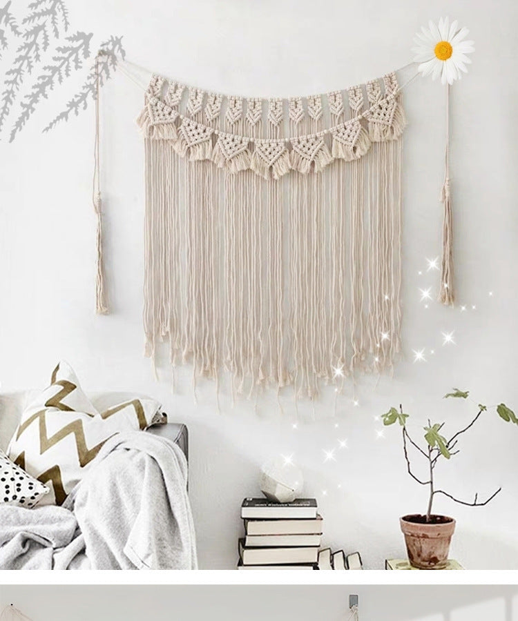 HKM-761491 Handmade Beige Tassel Wall Tapestry for Boho Weddings and Home Decor, 39x45 inches