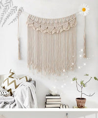 HKM-761491 Handmade Beige Tassel Wall Tapestry for Boho Weddings and Home Decor, 39x45 inches