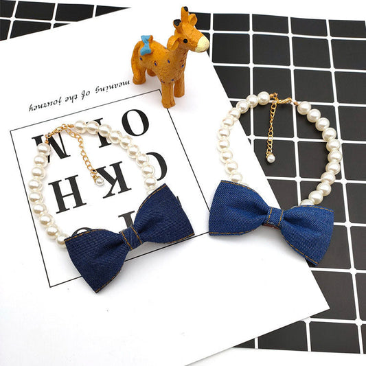HKM-762515 Cute Denim Pet Neck Chain with Bow Pendant for Cats and Dogs
