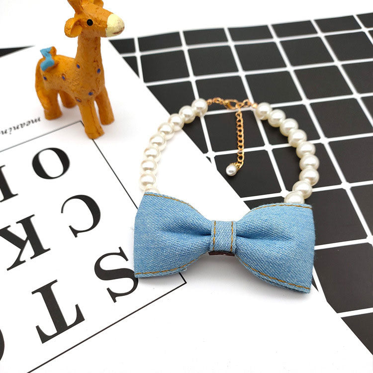 HKM-762515 Cute Denim Pet Neck Chain with Bow Pendant for Cats and Dogs