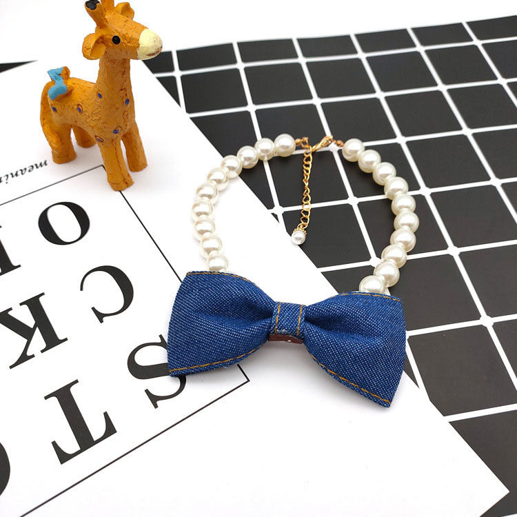 HKM-762515 Cute Denim Pet Neck Chain with Bow Pendant for Cats and Dogs