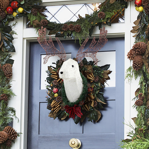 HKM-762643 Lighted Christmas Reindeer Head Wreath with LED Warm White Lights for Indoor and Outdoor Display