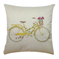 HKM-763347 Bicycle Illustration Linen Pillow Cover with Floral Design - Modern Cushion 40x40cm & 45x45cm