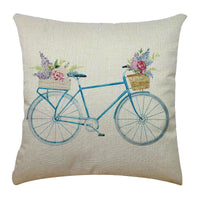 HKM-763347 Bicycle Illustration Linen Pillow Cover with Floral Design - Modern Cushion 40x40cm & 45x45cm