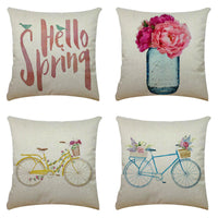 HKM-763347 Bicycle Illustration Linen Pillow Cover with Floral Design - Modern Cushion 40x40cm & 45x45cm