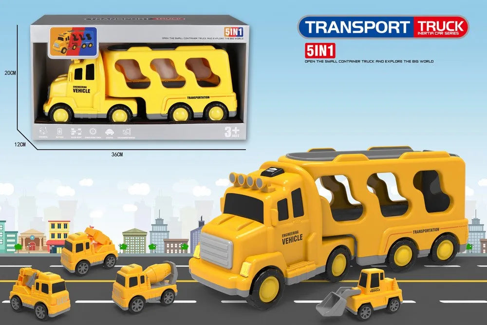 HKM-763475 5-in-1 Friction Die Cast Construction Truck Carrier Model for Kids Ages 2-13