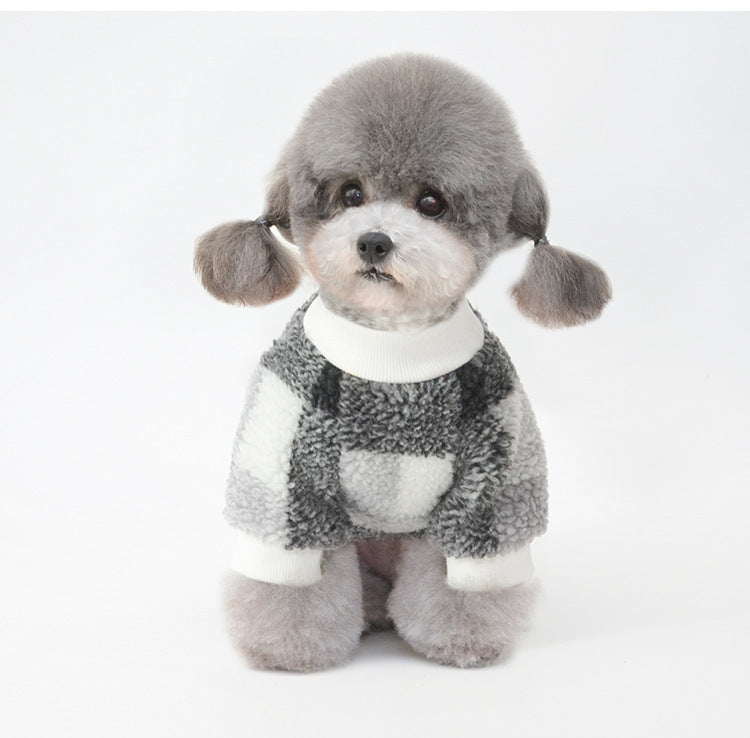 HKM-763539 Plaid Velvet Padded Pet Shirt in Gray and Red Lattice Patterns