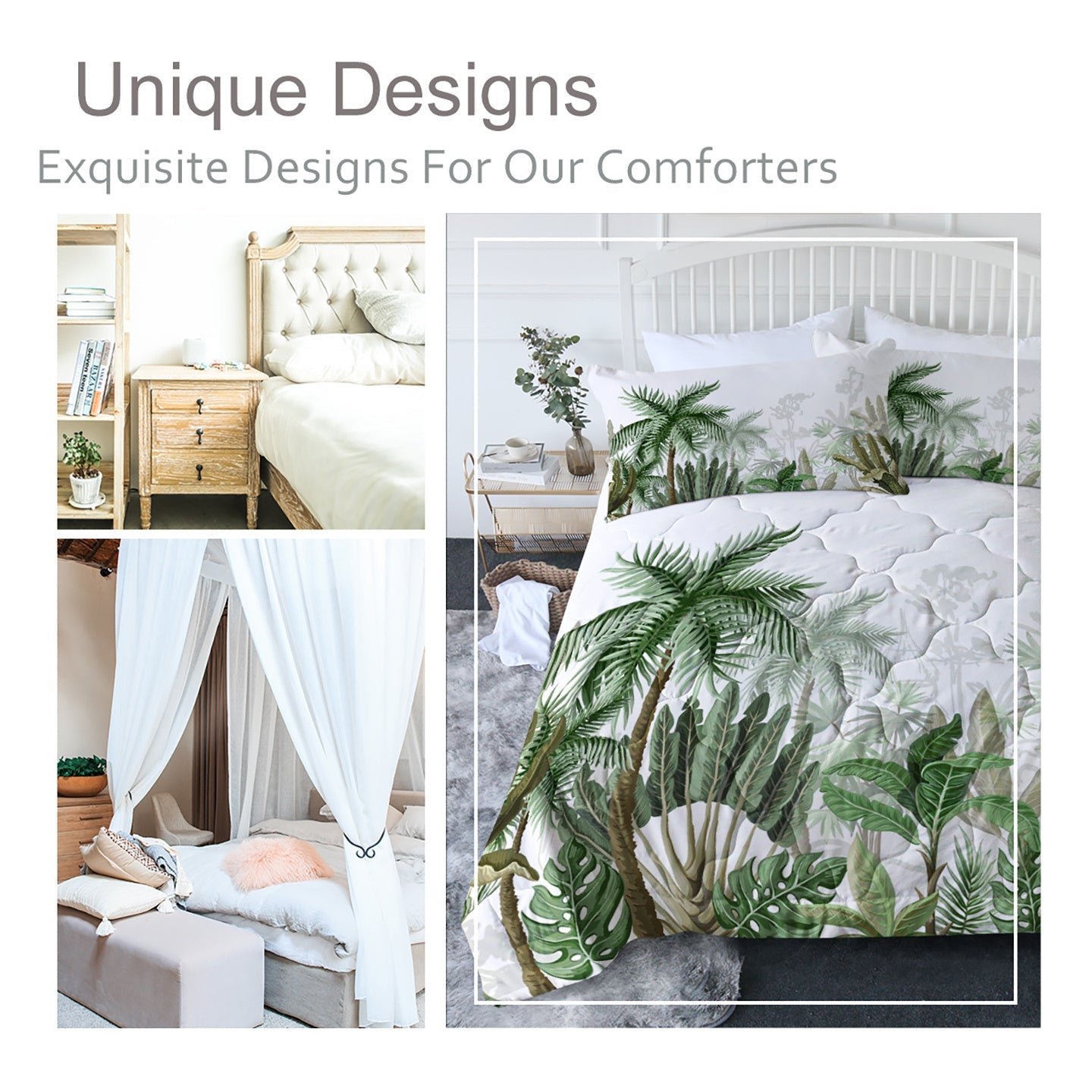 HKM-763667 Coconut and Banana Leaf Pattern Microfiber Duvet Cover Set for Double Bed, Includes Comforter and Pillowcases