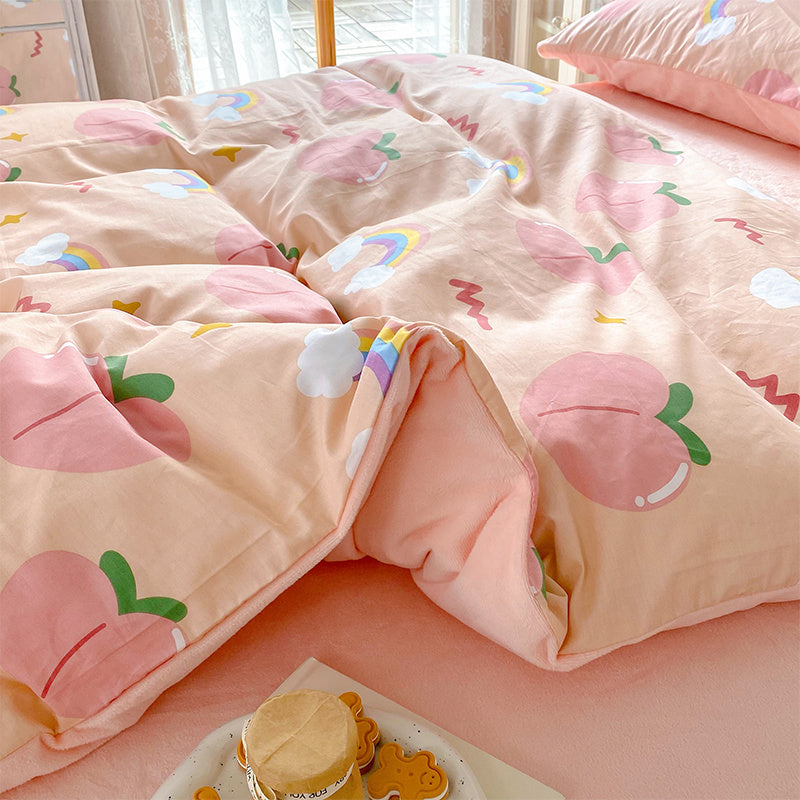 HKM-763667 Coral Velvet Bedding Set with Plant Floral Pattern - 4-Piece Cotton Flannel Sheets for Various Bed Sizes