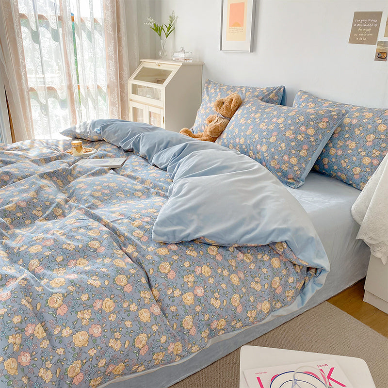 HKM-763667 Coral Velvet Bedding Set with Plant Floral Pattern - 4-Piece Cotton Flannel Sheets for Various Bed Sizes