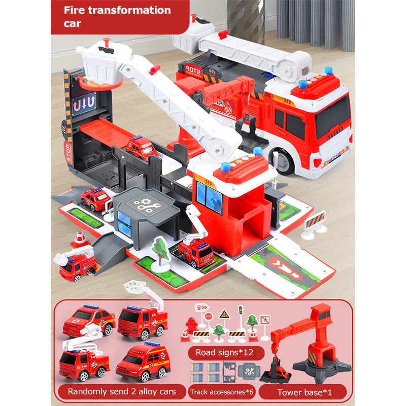 HKM-763923 Transforming Fire Truck Storage Parking Lot Toy Set with Diecast Vehicle for Kids Ages 3+