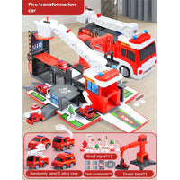 HKM-763923 Transforming Fire Truck Storage Parking Lot Toy Set with Diecast Vehicle for Kids Ages 3+