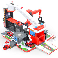 HKM-763923 Transforming Fire Truck Storage Parking Lot Toy Set with Diecast Vehicle for Kids Ages 3+