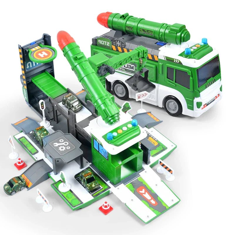 HKM-763923 Transforming Fire Truck Storage Parking Lot Toy Set with Diecast Vehicle for Kids Ages 3+