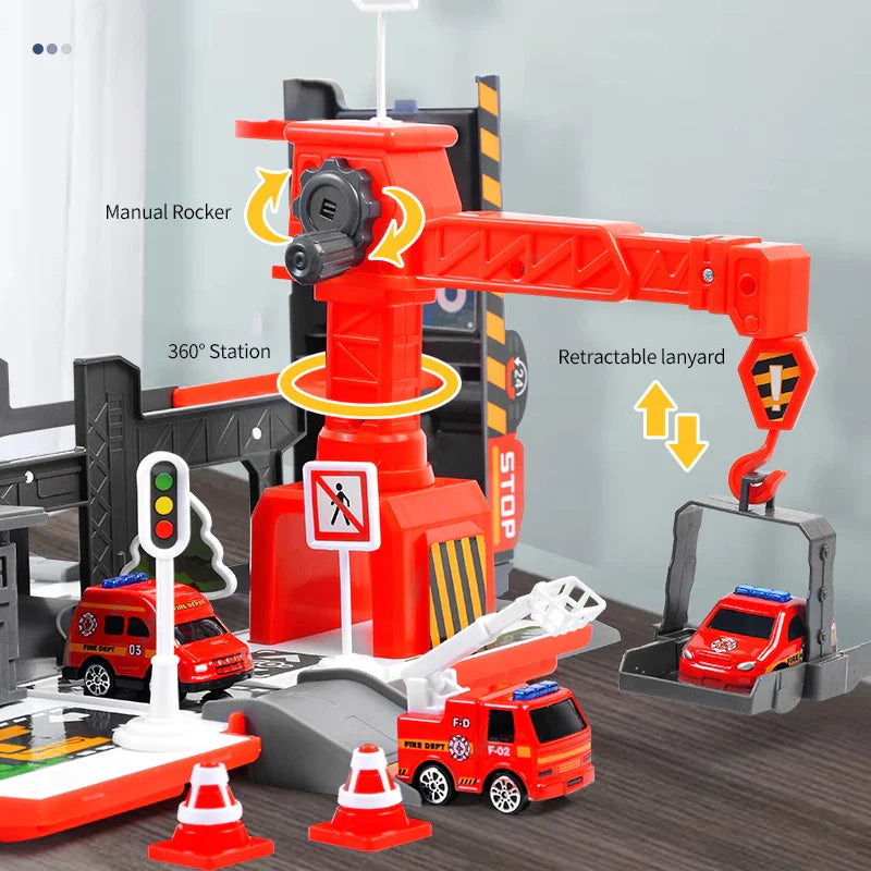 HKM-763923 Transforming Fire Truck Storage Parking Lot Toy Set with Diecast Vehicle for Kids Ages 3+