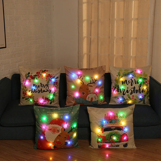 HKM-764435 Christmas Cartoon Pillow Cover, Linen Material, 45x45cm, AA Battery Operated (Inner Core Not Included)