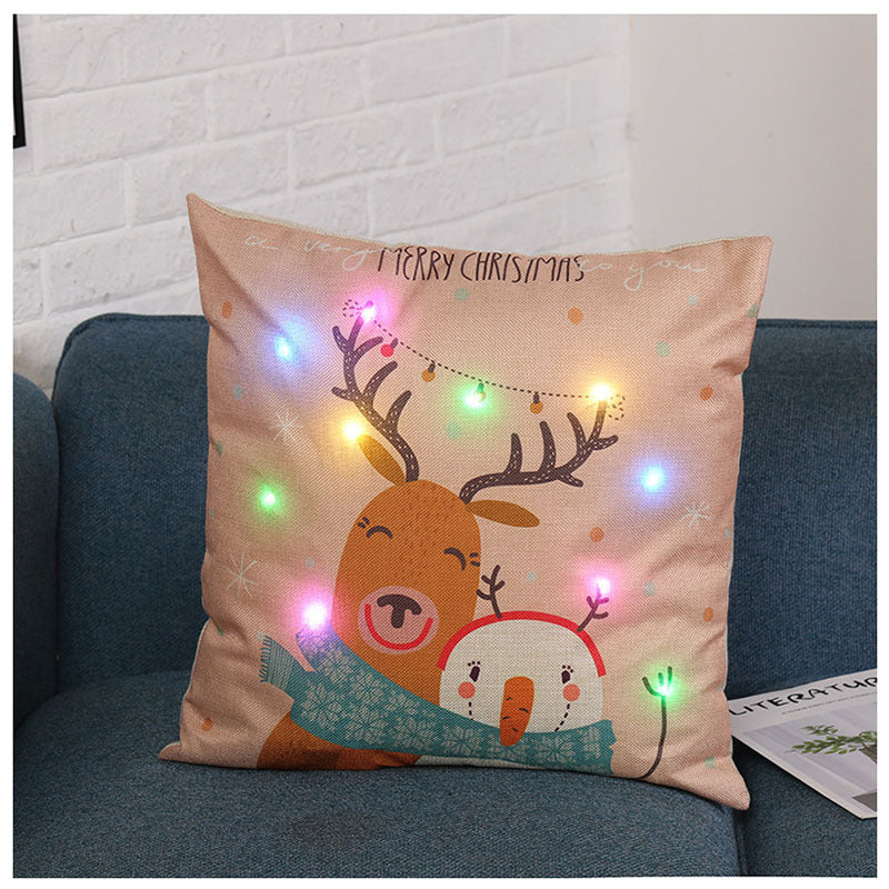 HKM-764435 Christmas Cartoon Pillow Cover, Linen Material, 45x45cm, AA Battery Operated (Inner Core Not Included)
