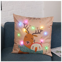 HKM-764435 Christmas Cartoon Pillow Cover, Linen Material, 45x45cm, AA Battery Operated (Inner Core Not Included)