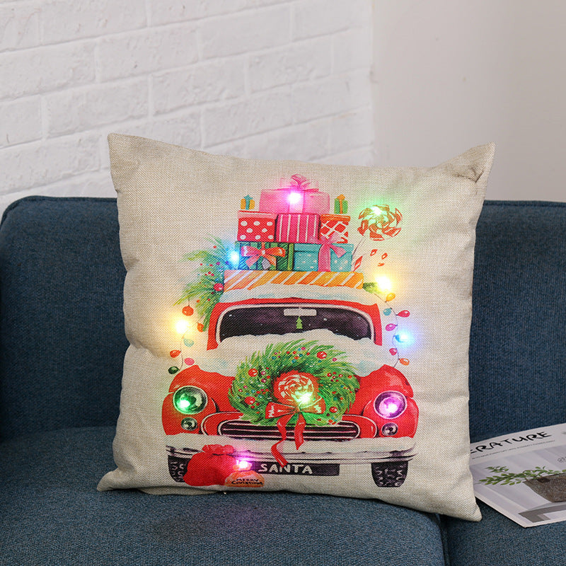 HKM-764435 Christmas Cartoon Pillow Cover, Linen Material, 45x45cm, AA Battery Operated (Inner Core Not Included)