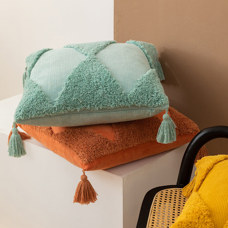 HKM-764627 Corduroy Geometric Rhombus Triangle Tufted Cushion Cover with Tassels - 45x45cm