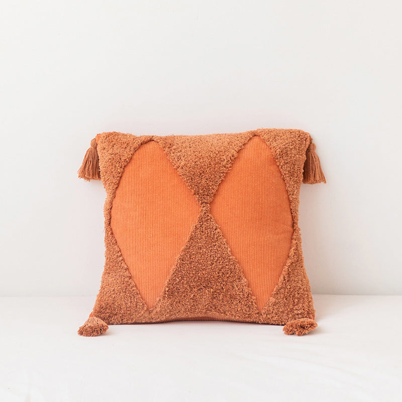 HKM-764627 Corduroy Geometric Rhombus Triangle Tufted Cushion Cover with Tassels - 45x45cm