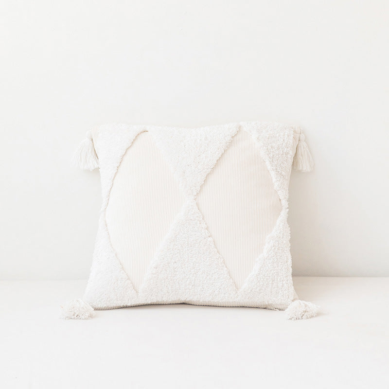 HKM-764627 Corduroy Geometric Rhombus Triangle Tufted Cushion Cover with Tassels - 45x45cm
