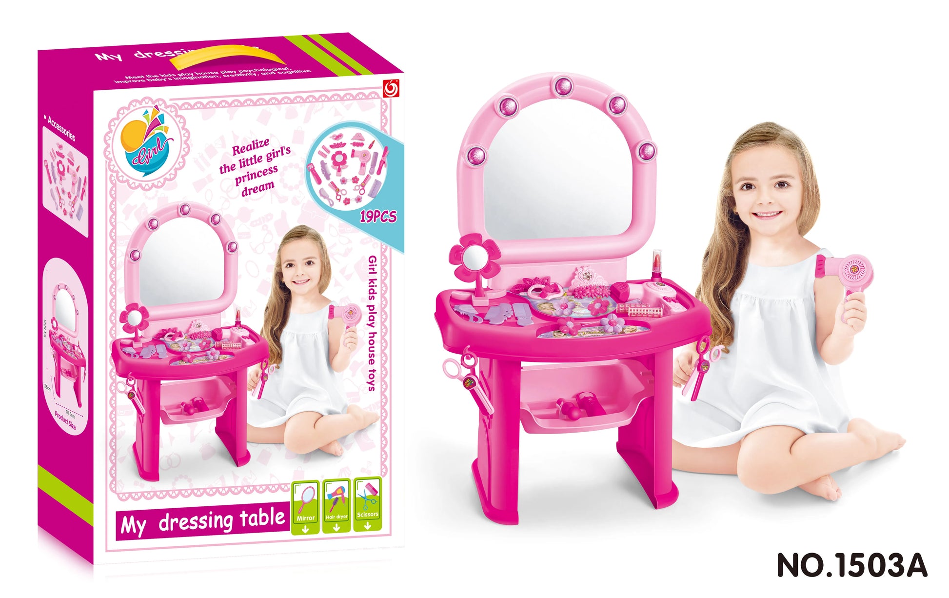 HKM-765075 Princess Dresser Play Toy Set with Cosmetics and Mirror for Kids Ages 3 and Up