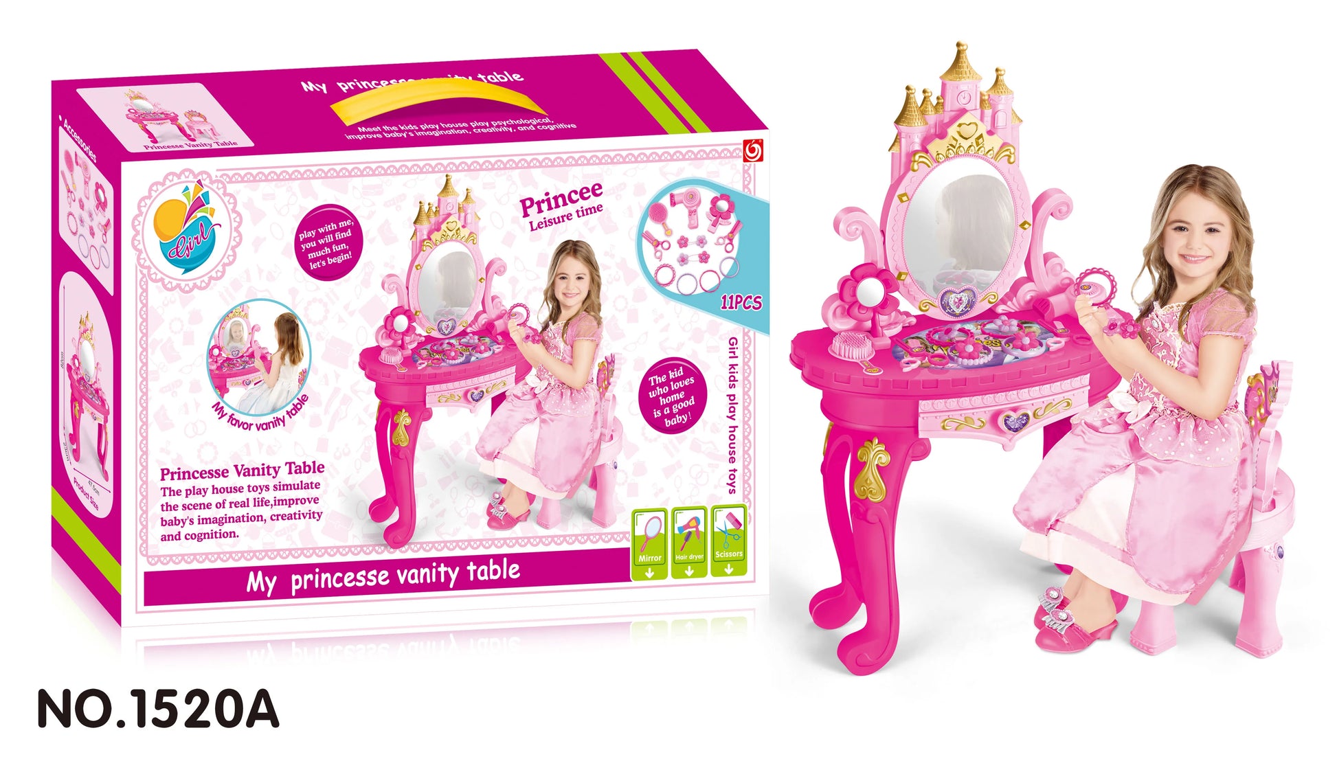 HKM-765075 Princess Dresser Play Toy Set with Cosmetics and Mirror for Kids Ages 3 and Up