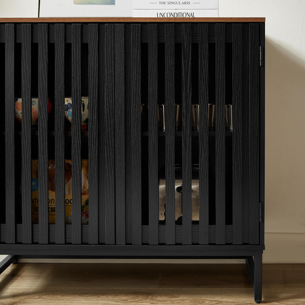 HKM-765971 Flat Noodles Grating Stripe Door Dresser in Black - MDF Storage Cabinet 31.5x15.8x30.7in