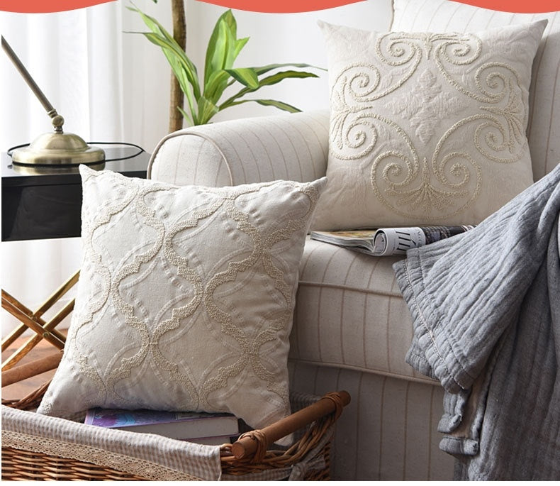 HKM-766099 Embroidered Cotton and Linen Woven Geometric Couch Pillow - 45x45cm