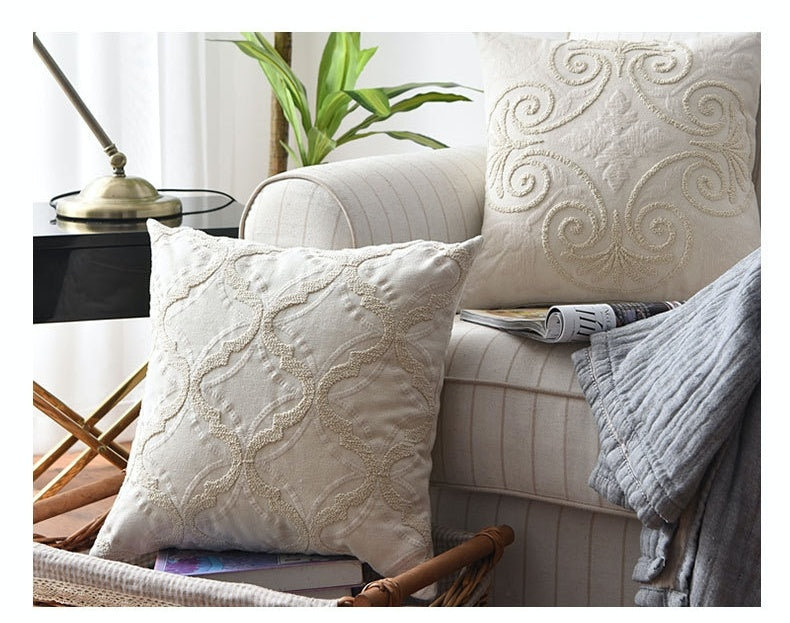 HKM-766099 Embroidered Cotton and Linen Woven Geometric Couch Pillow - 45x45cm