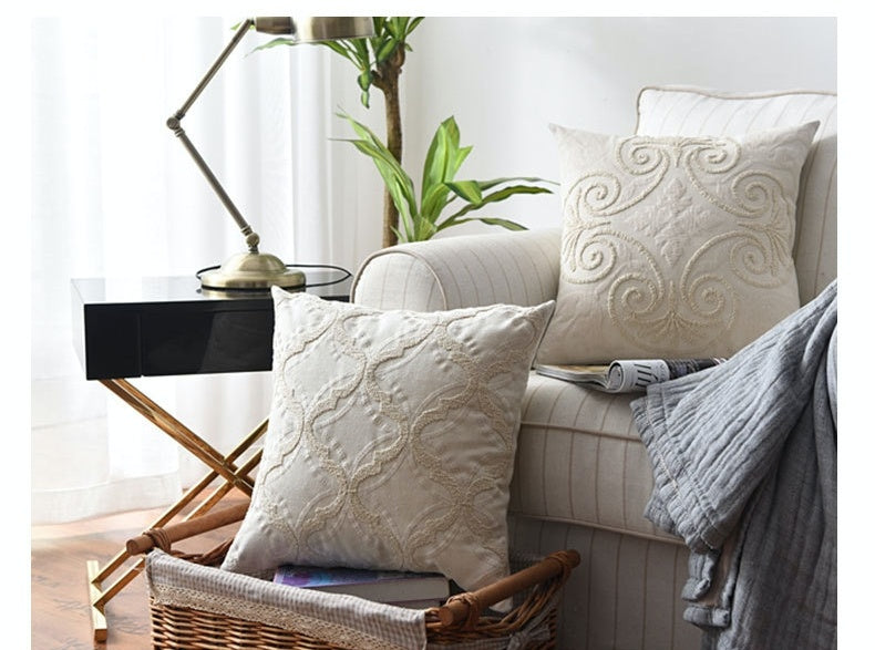 HKM-766099 Embroidered Cotton and Linen Woven Geometric Couch Pillow - 45x45cm