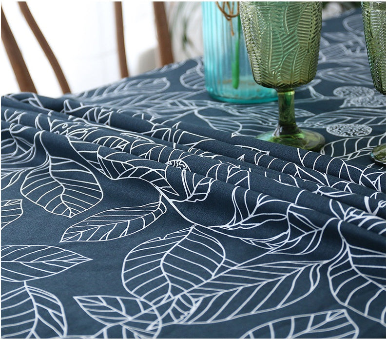 HKM-766355 Rectangular Polyester Fiber Coffee Table Cloth in Navy Blue and White - Multiple Sizes Available