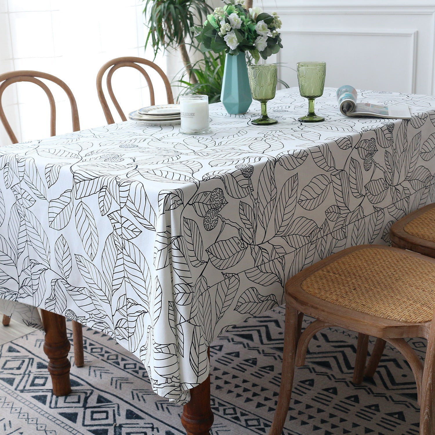 HKM-766355 Rectangular Polyester Fiber Coffee Table Cloth in Navy Blue and White - Multiple Sizes Available