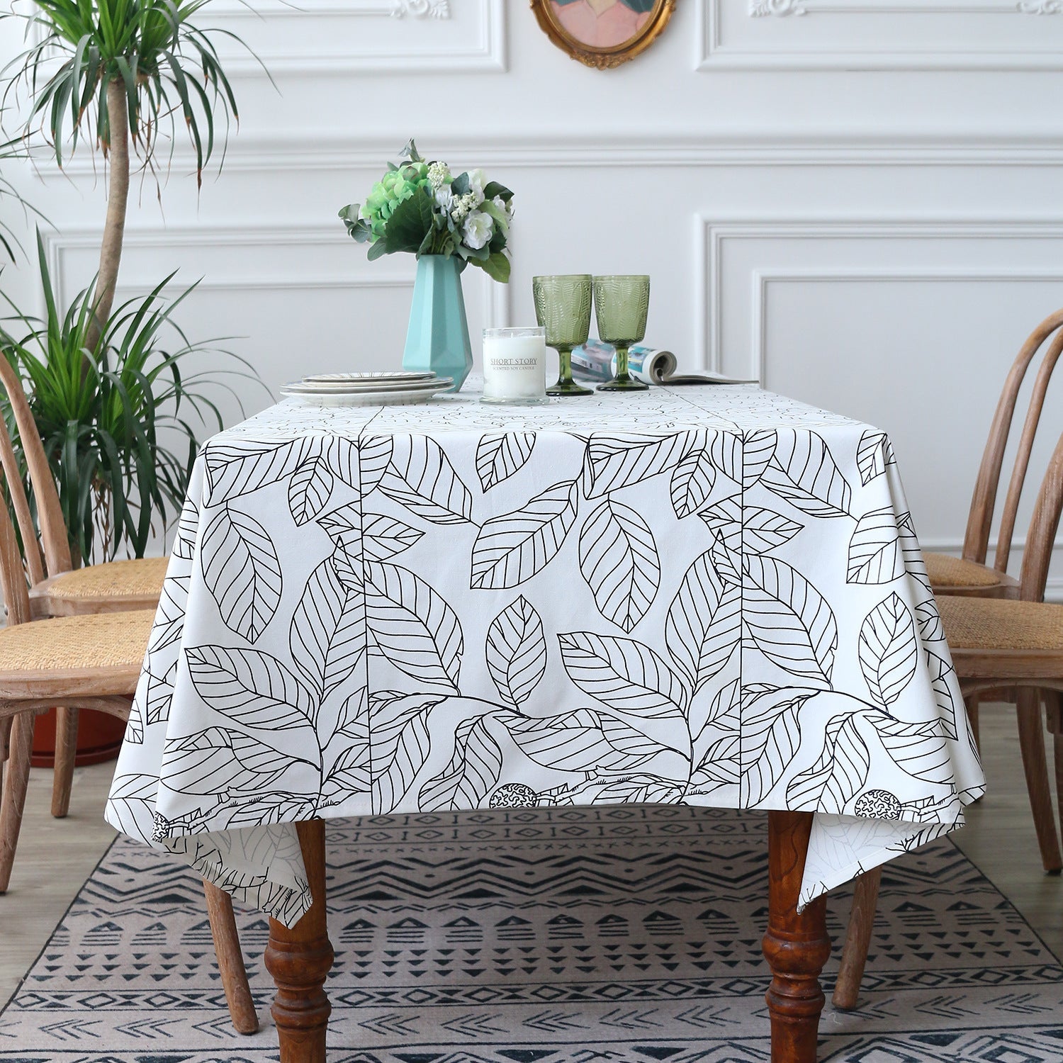 HKM-766355 Rectangular Polyester Fiber Coffee Table Cloth in Navy Blue and White - Multiple Sizes Available