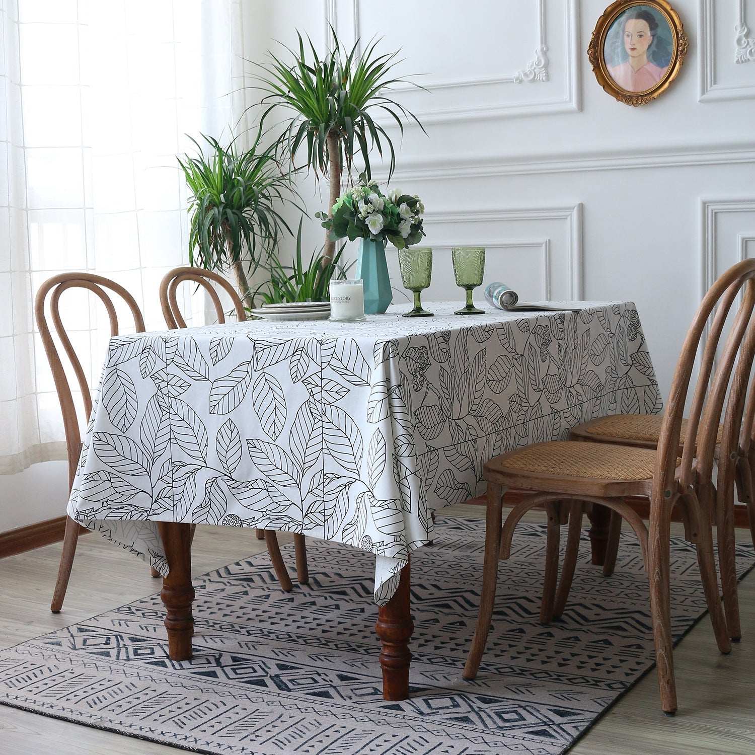 HKM-766355 Rectangular Polyester Fiber Coffee Table Cloth in Navy Blue and White - Multiple Sizes Available