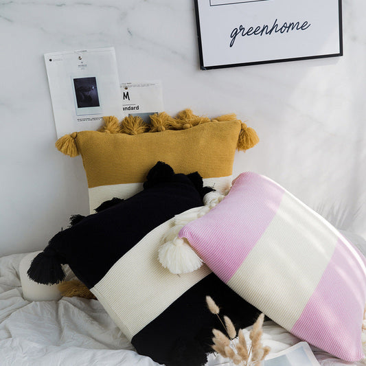 HKM-766931 Nordic Cotton Knitted Striped Pillowcase for Baby and Toddler, 45x45CM, Pink Purple, Black, Turmeric